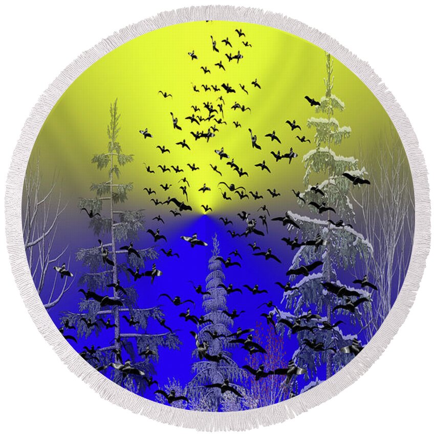 Animal Round Beach Towel featuring the mixed media Taking Flight Early Winter Morning by David Dehner