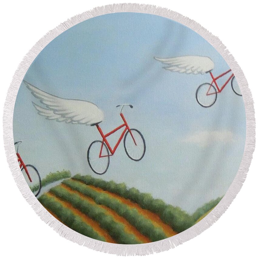 Red Bicycles Round Beach Towel featuring the painting Taking Flight by Phyllis Andrews
