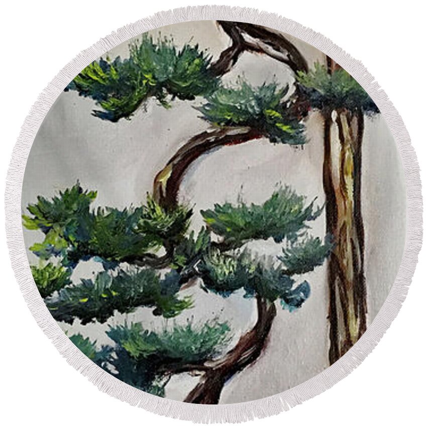 Bonsai Round Beach Towel featuring the painting Tall Cascading Bonsai Tree by Roxy Rich
