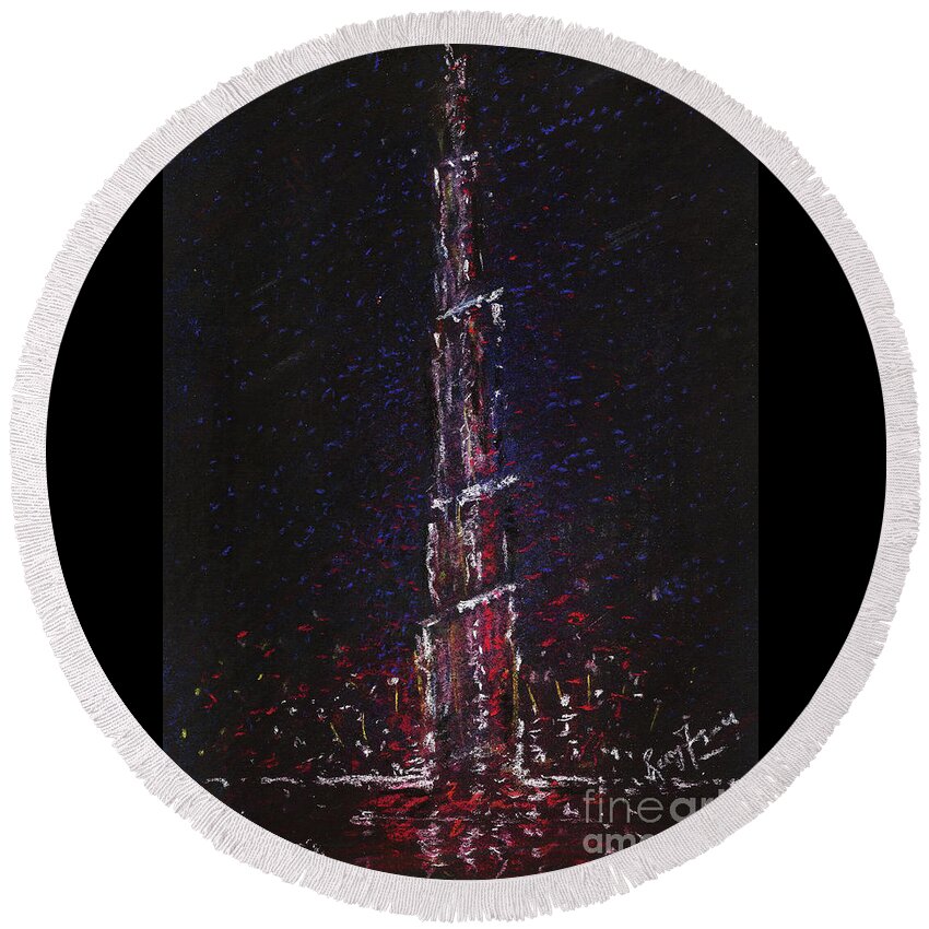 Burj Khalifa Round Beach Towel featuring the painting Tallest Building in the world in Dubai by Remy Francis