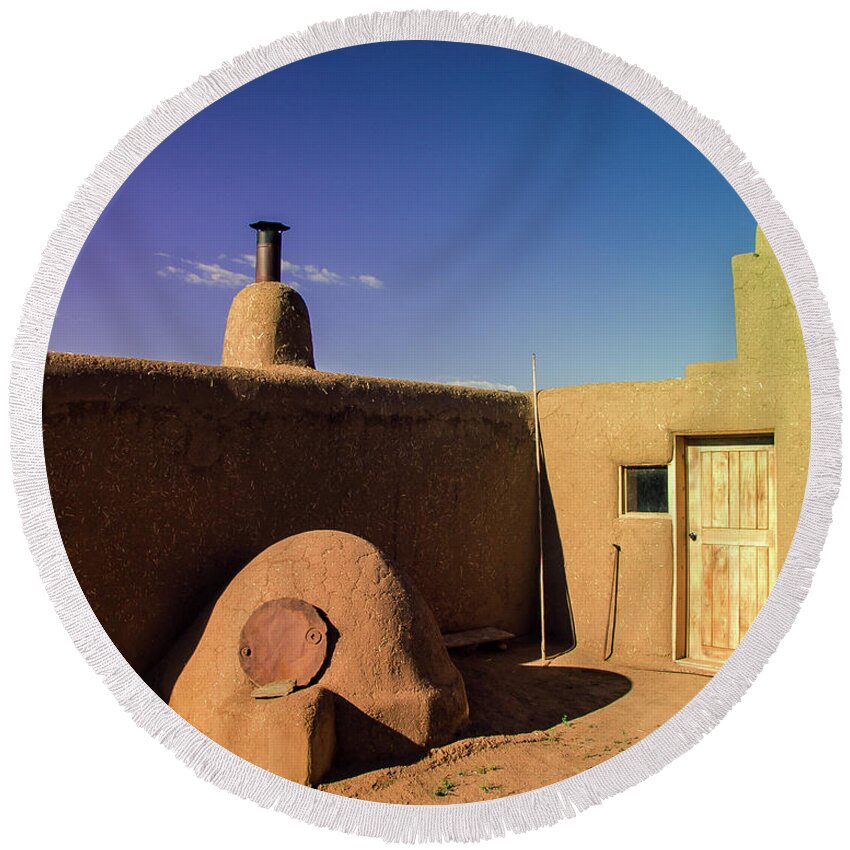 New Mexico Round Beach Towel featuring the photograph Taos Oven by Jon Herrera