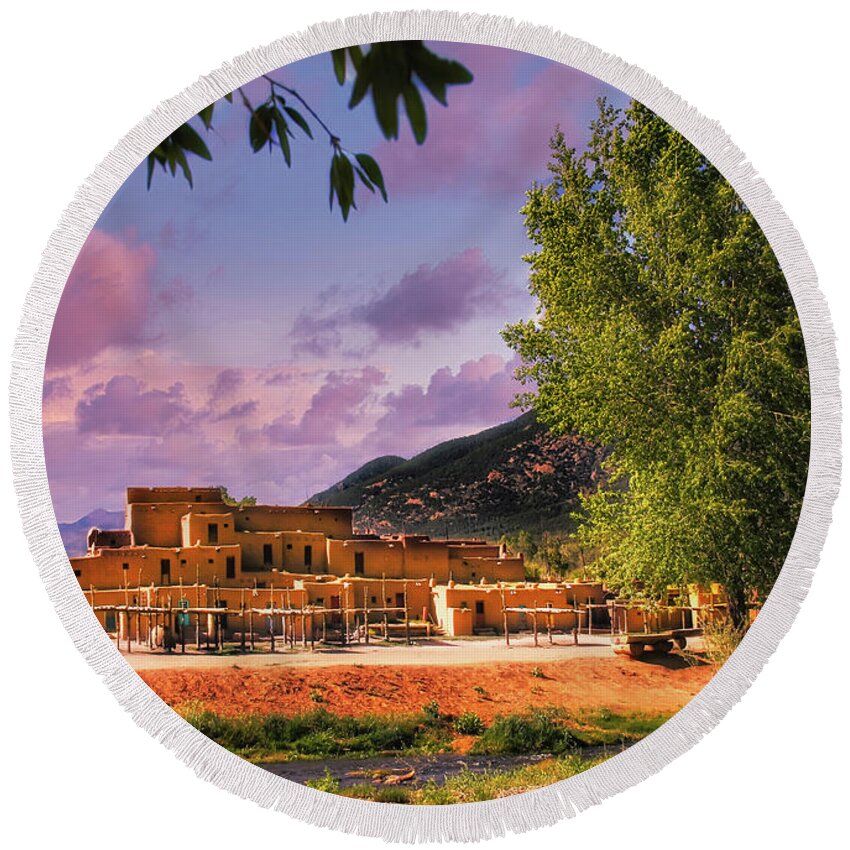 Landscapes Round Beach Towel featuring the photograph Taos Pueblo by Micah Offman