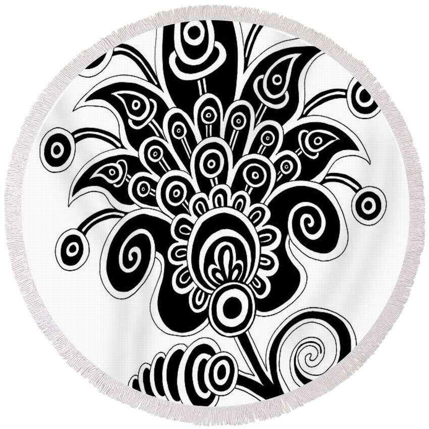 Flower Round Beach Towel featuring the drawing Tapestry Flower Ink 10 by Amy E Fraser