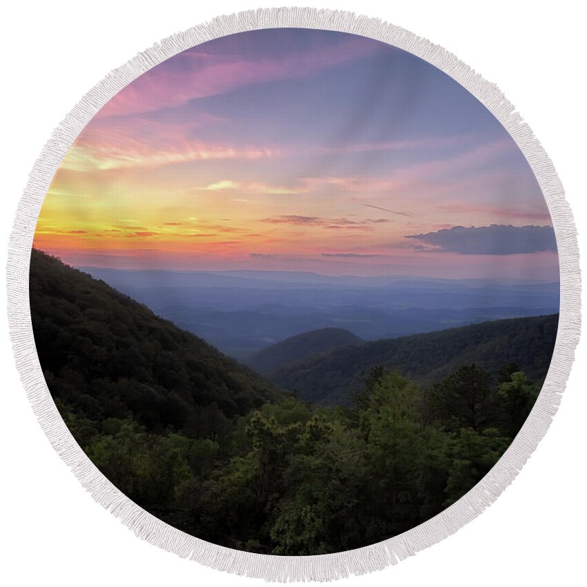 Sunset Round Beach Towel featuring the photograph Taylor Mountain Sunset - Blue Ridge Parkway by Susan Rissi Tregoning