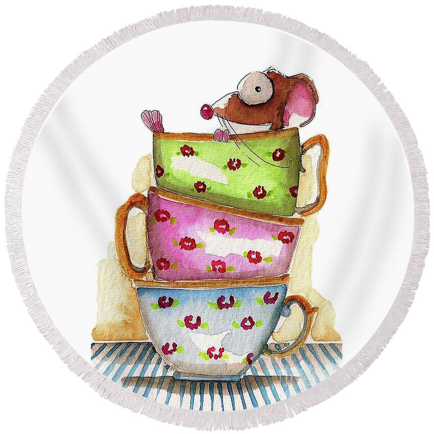 Mouse Round Beach Towel featuring the painting Tea for one by Lucia Stewart