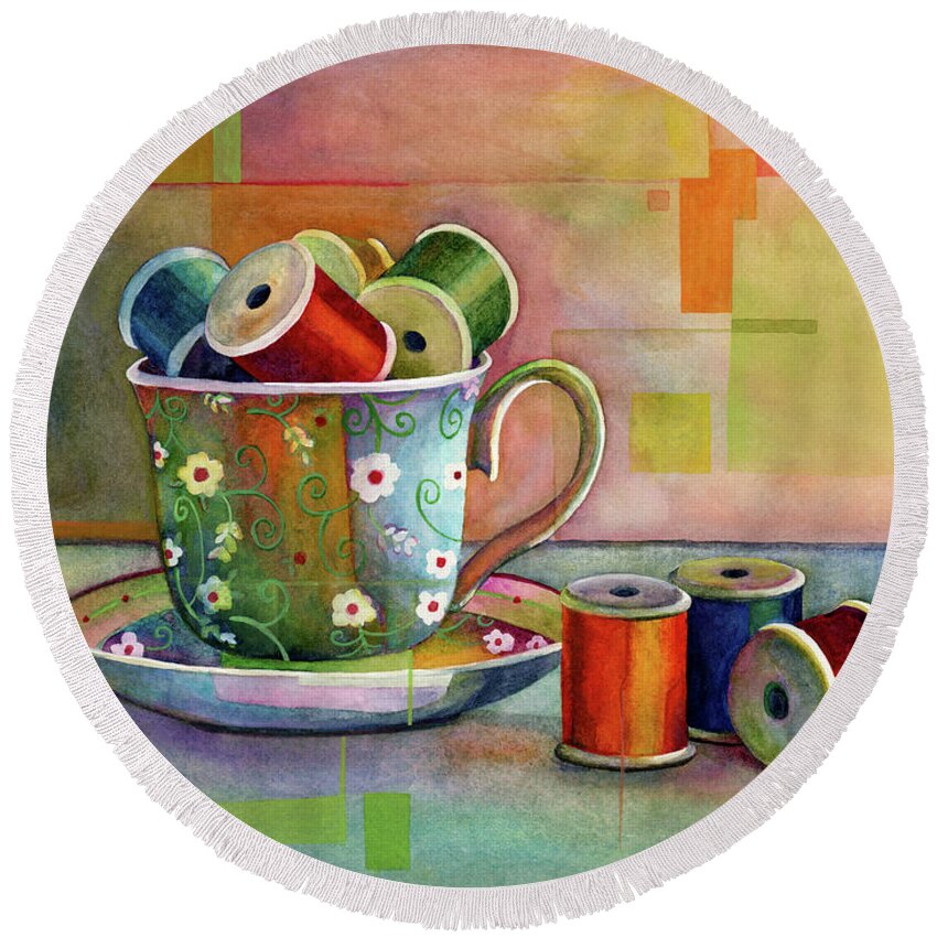 Teacup Round Beach Towel featuring the painting Teacup and Spools by Hailey E Herrera