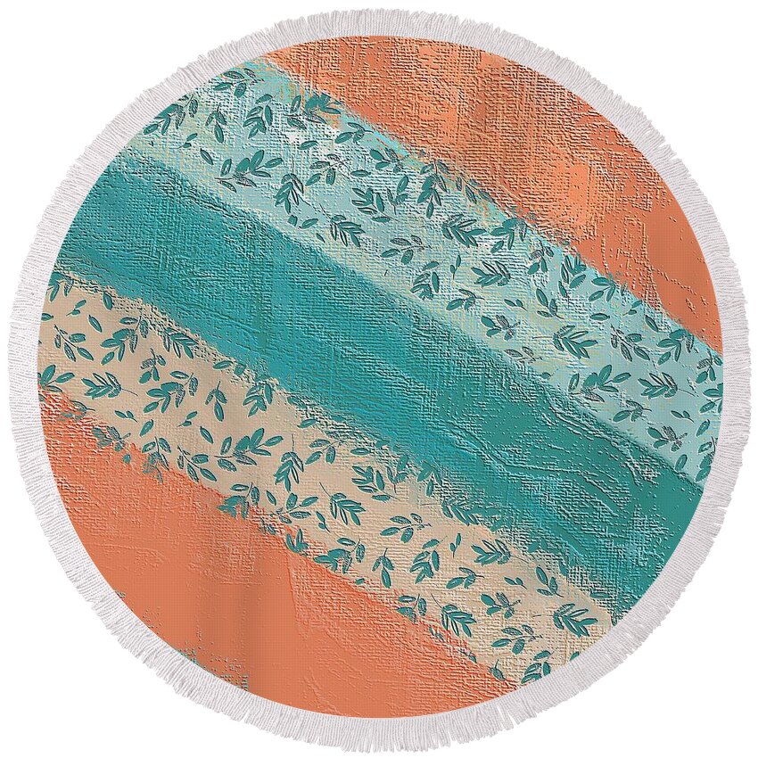 Pattern Round Beach Towel featuring the digital art Teal and Peach Diagonal by Bonnie Bruno