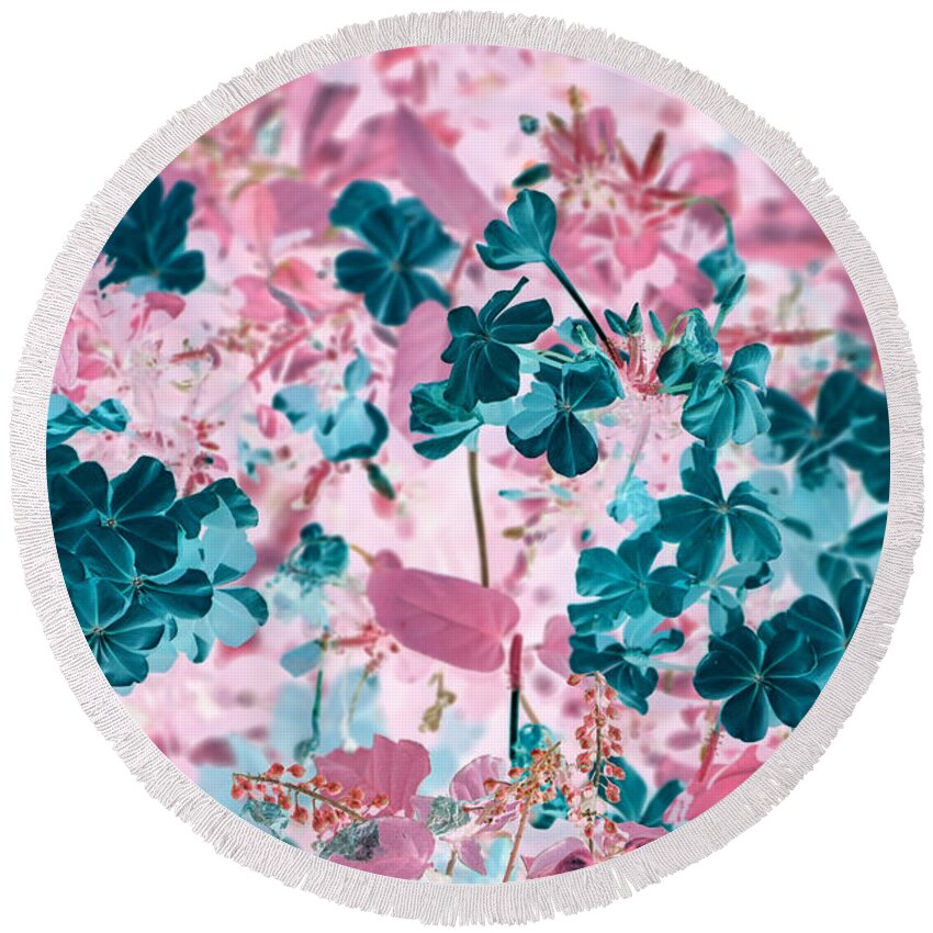 Flower Round Beach Towel featuring the photograph Blooms of Teal in Pink by Missy Joy