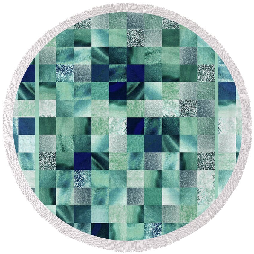 Quilt Round Beach Towel featuring the painting Teal Gray Green Gray Watercolor Squares Art Mosaic Quilt by Irina Sztukowski