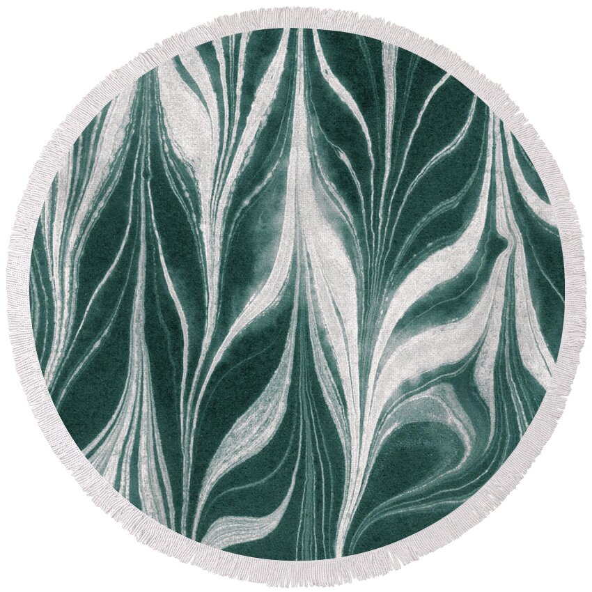Gray Round Beach Towel featuring the painting Teal Gray Leaves Wave Organic Pattern Decor III by Irina Sztukowski