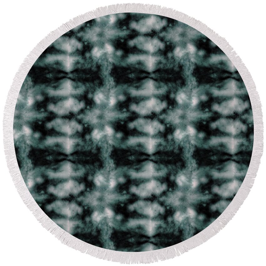 Shibori Round Beach Towel featuring the digital art Teal Shibori Dyed Pattern by Sand And Chi