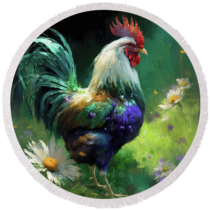 Rooster Round Beach Towel featuring the painting Teal Tailed Rooster by Tina LeCour