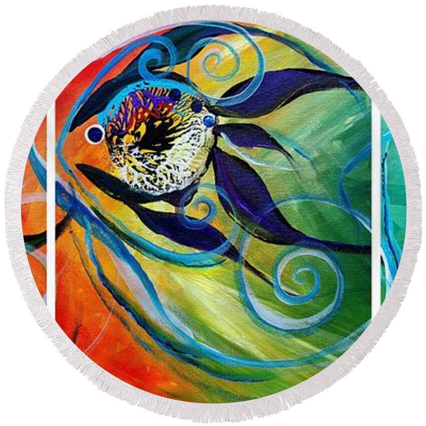 Fish Round Beach Towel featuring the painting Teal Wake,Three on a Take by J Vincent Scarpace