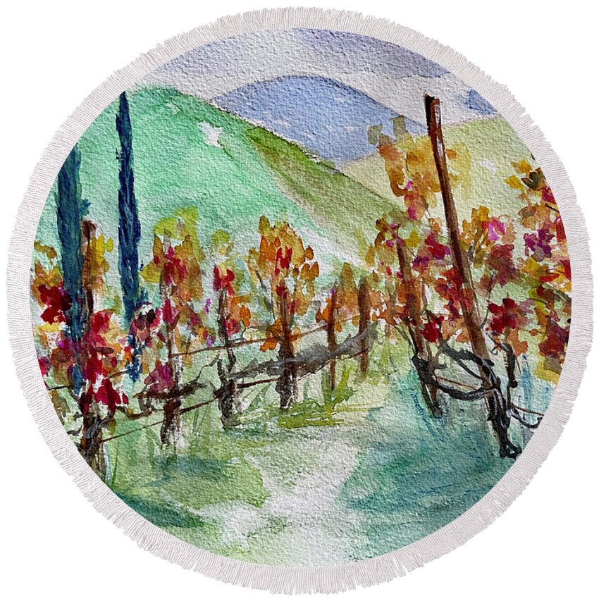 Vineyard Round Beach Towel featuring the painting Temecula Vineyard Landscape by Roxy Rich