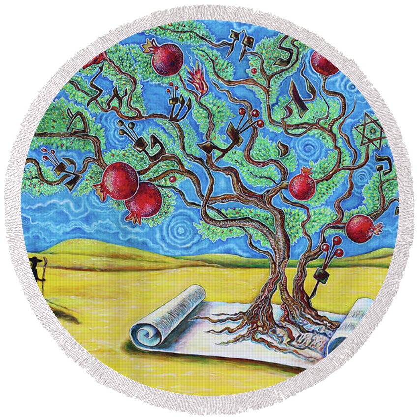 Tree Round Beach Towel featuring the painting Ten Years In Tzfat by Yom Tov Blumenthal