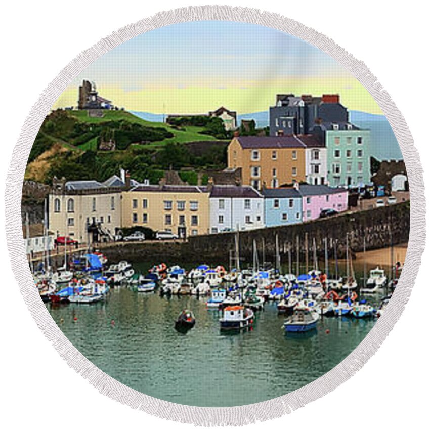 Tenby Round Beach Towel featuring the photograph Tenby Harbour Panorama by Jeremy Hayden