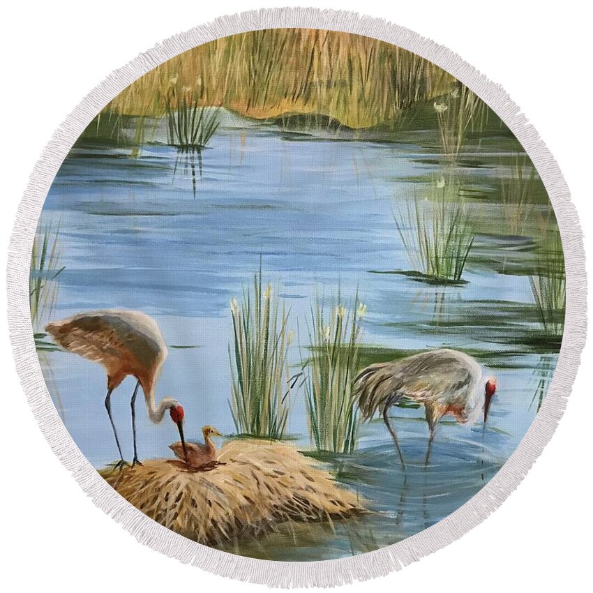 Sandhill Cranes Round Beach Towel featuring the painting Tending the baby by Sue Dinenno