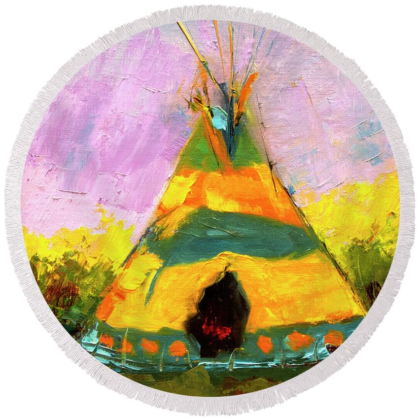 Western Art Round Beach Towel featuring the painting Tequila Tepee by Diane Whitehead