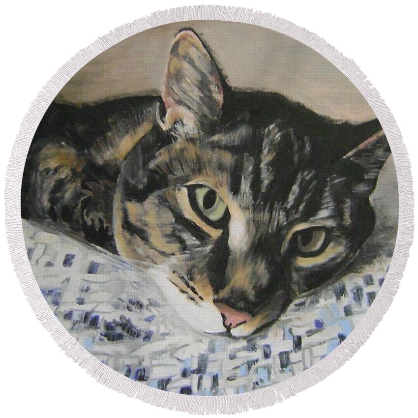 Tabby Cat Round Beach Towel featuring the painting Tequila by Therese Legere