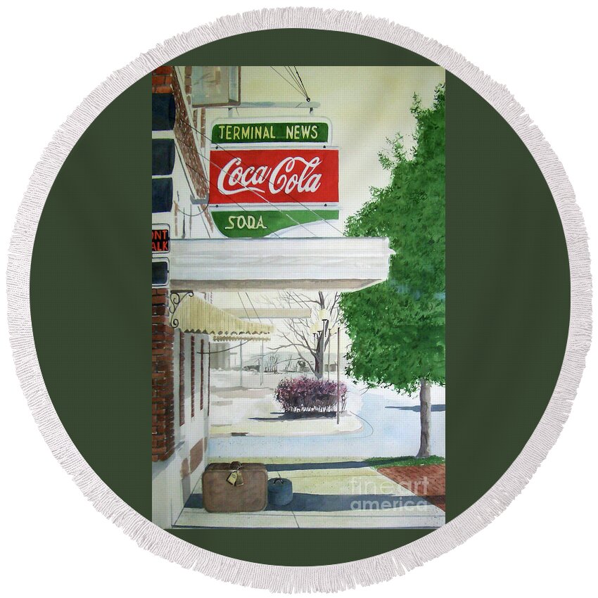 A Coca Cola Sign Hangs Outside The Bus Station In Coffeyville Round Beach Towel featuring the painting Terminal News by Monte Toon