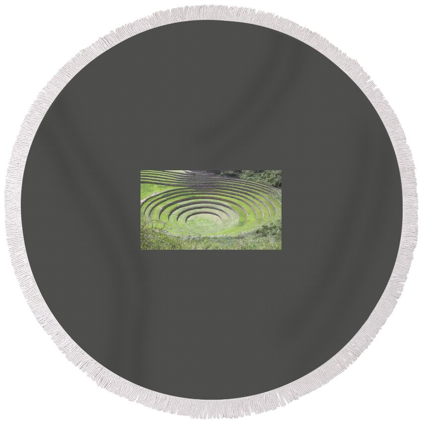 Archaeology Round Beach Towel featuring the photograph Terraces at Moray, Sacred Valley, Peru by Trevor Grassi