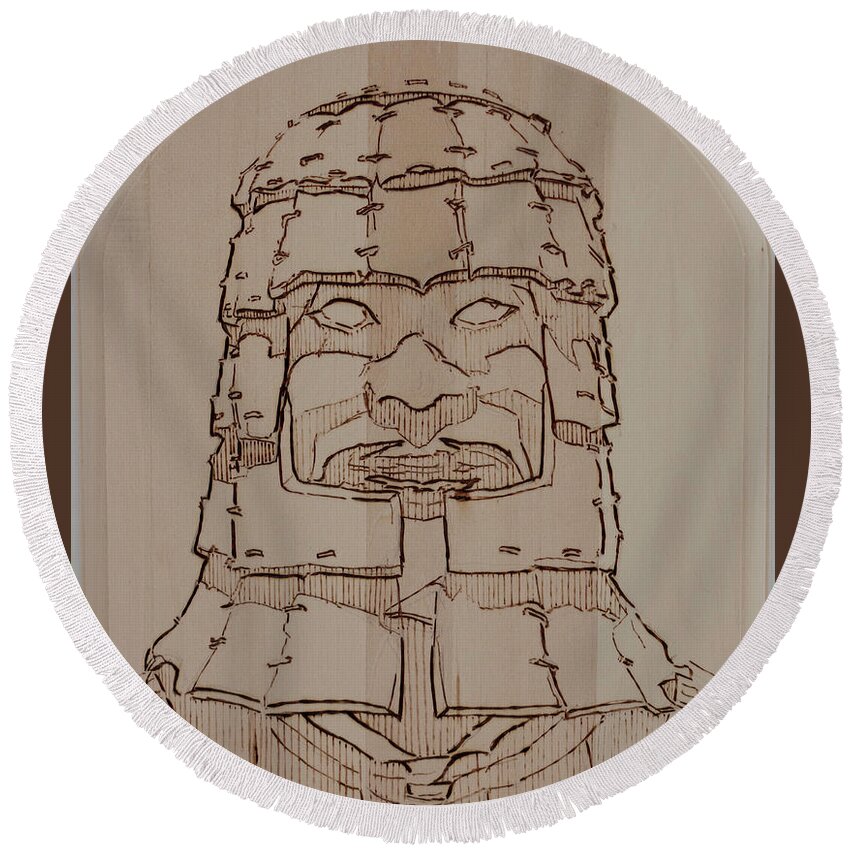 Pyrography Round Beach Towel featuring the pyrography Terracotta Warrior - Unearthed by Sean Connolly