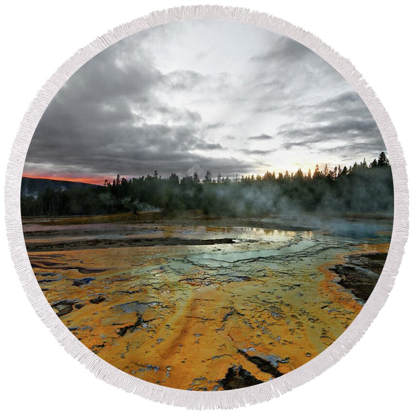 Terraformers' Descendants Round Beach Towel featuring the photograph Terraformers' Descendants -- Cyanobacteria at Doublet Pool in Yellowstone National Park, Wyoming by Darin Volpe
