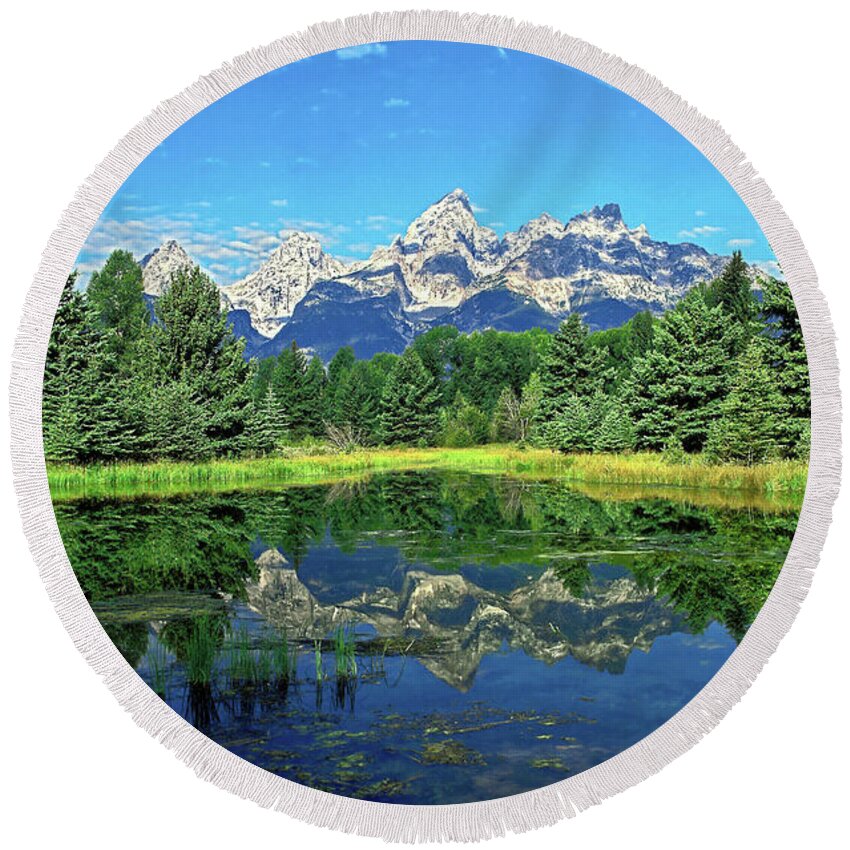 Teton Mountains Round Beach Towel featuring the photograph Teton Mountains Reflected by Sally Weigand