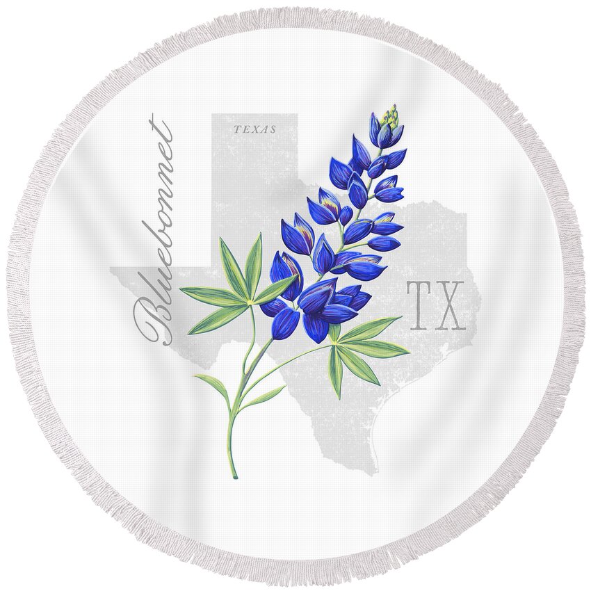 Texas Round Beach Towel featuring the painting Texas State Flower Bluebonnet Art by Jen Montgomery by Jen Montgomery
