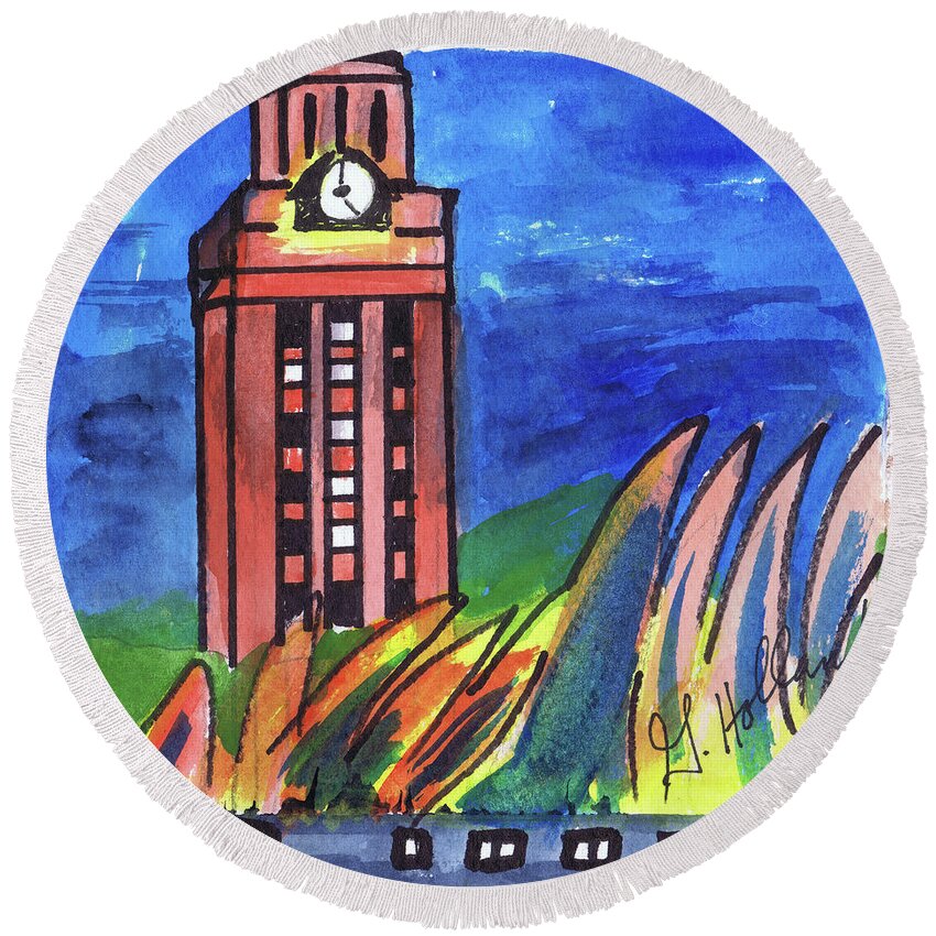 Ut Tower Round Beach Towel featuring the painting Texas UT Tower by Genevieve Holland