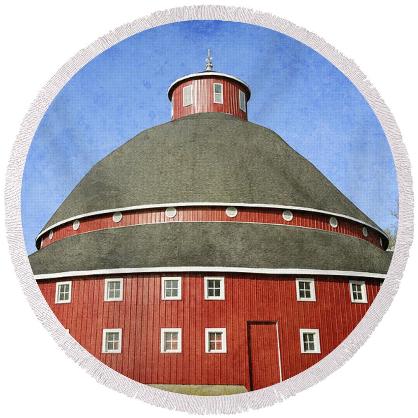 Ohio Red Round Barn In Summer Round Beach Towel featuring the photograph Textured Manchester Red Round Barn by Dan Sproul