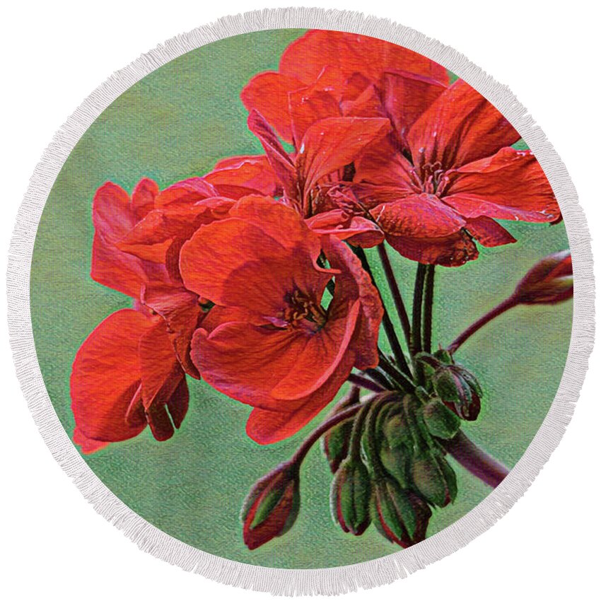 Flowers Round Beach Towel featuring the photograph Textured Red Geranium by Trina Ansel