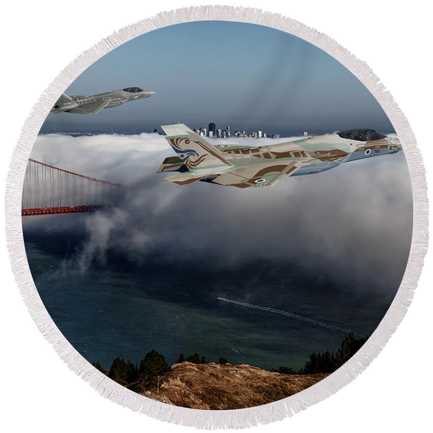 Lightning Round Beach Towel featuring the digital art TF-35C and TF-35I over San Francisco by Custom Aviation Art