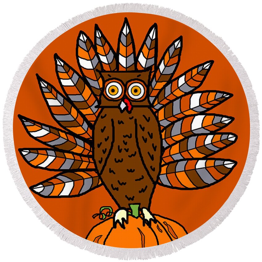 Thanksgiving Round Beach Towel featuring the digital art Thanksgiving Owl by Vallee Johnson