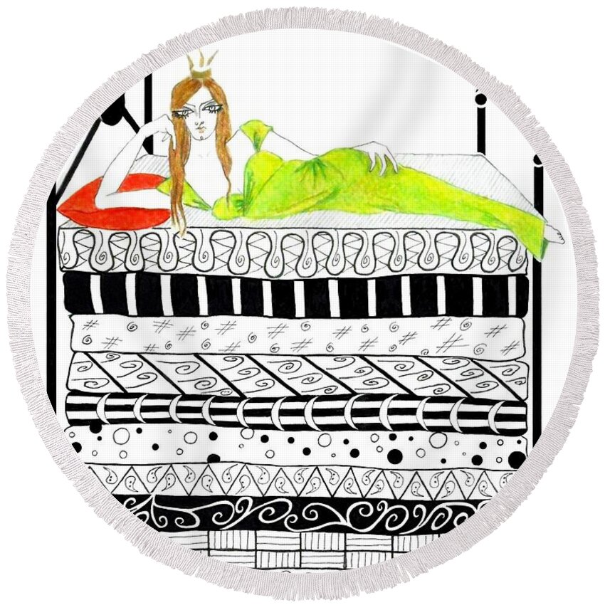 Fairytale Princess Round Beach Towel featuring the drawing That Pesky Pea by Jayne Somogy