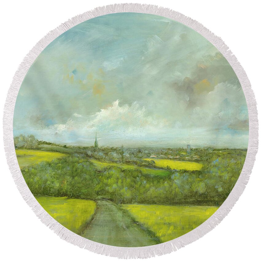 Thaxted Round Beach Towel featuring the painting Thaxted Church and Windmill by Roger Clarke