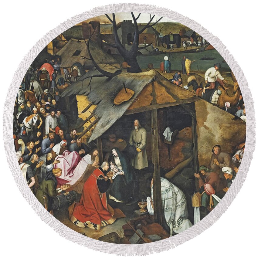 Pieter Brueghel The Younger Round Beach Towel featuring the painting The Adoration by Pieter Brueghel the Younger