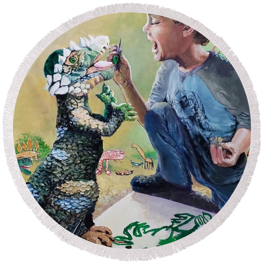 Boy Round Beach Towel featuring the painting The Age of Dinosaurs by Merana Cadorette
