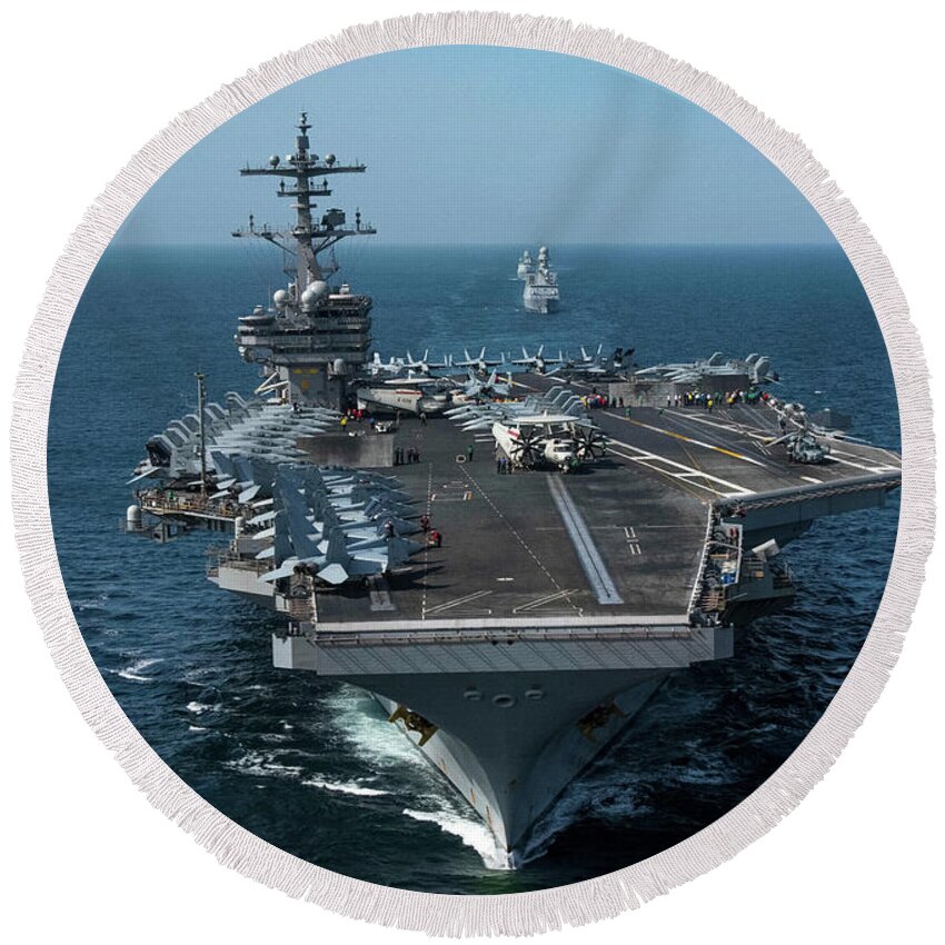 Uss Round Beach Towel featuring the painting The Aircraft Carrier USS George H.W. Bush by American School