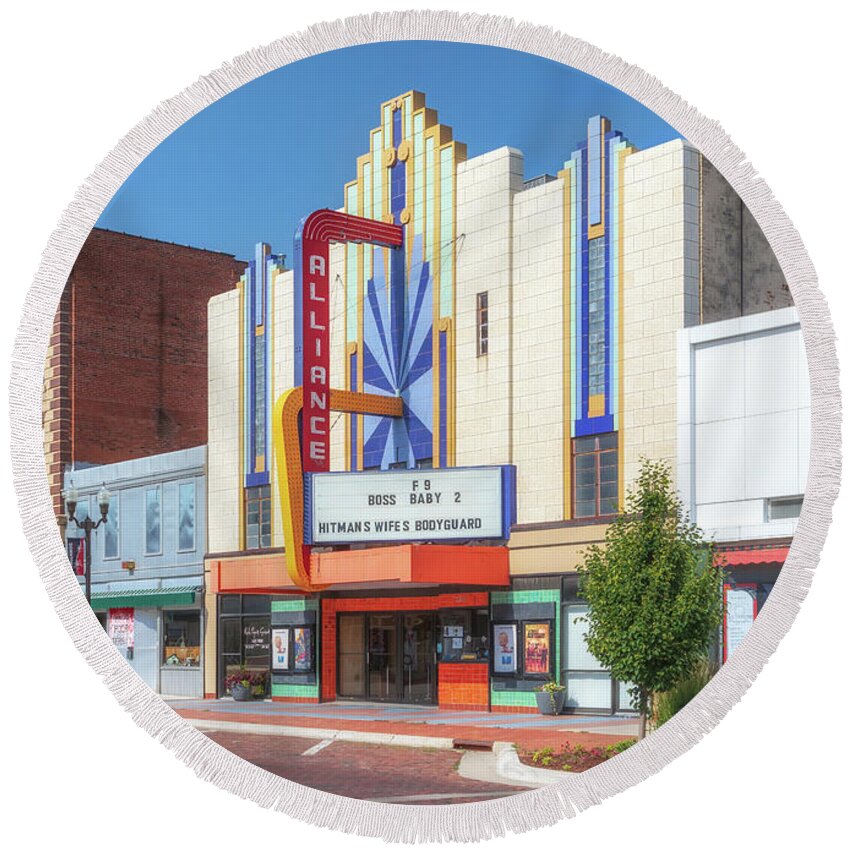 Nebraska Round Beach Towel featuring the photograph The Alliance Theater and Newberrys Hardware - Alliance Nebraska by Susan Rissi Tregoning
