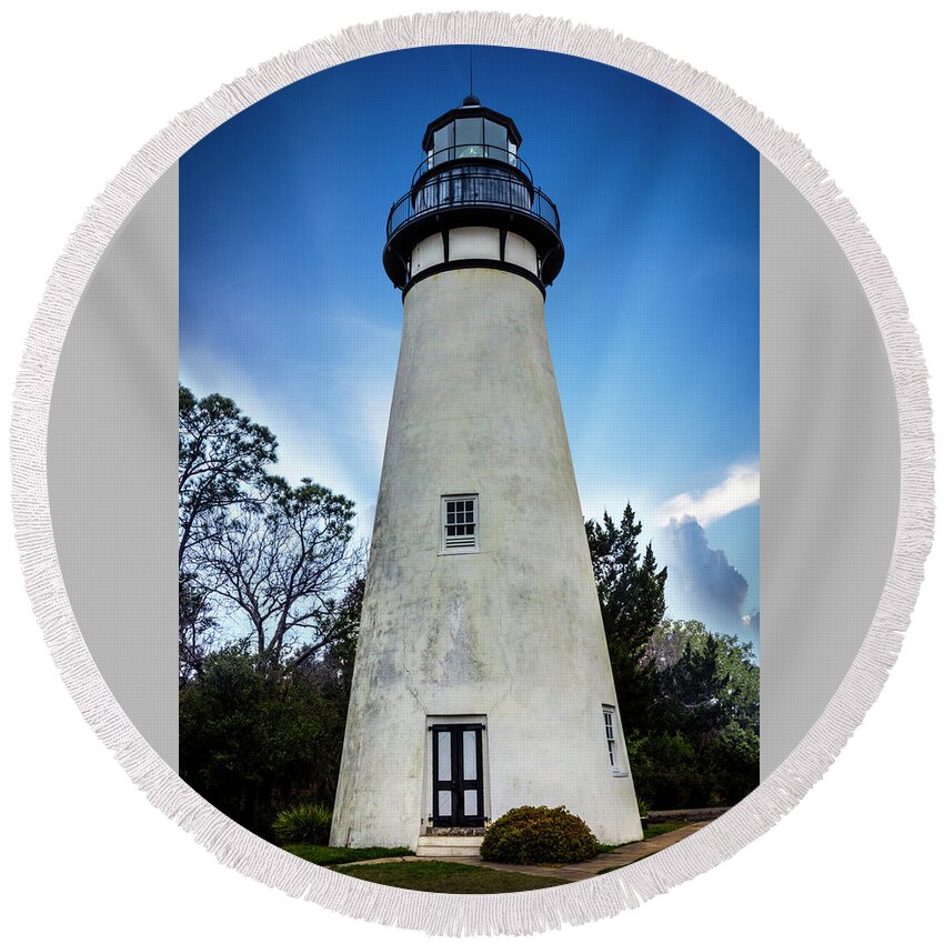 Clouds Round Beach Towel featuring the photograph The Amelia Island Lighthouse by Debra and Dave Vanderlaan
