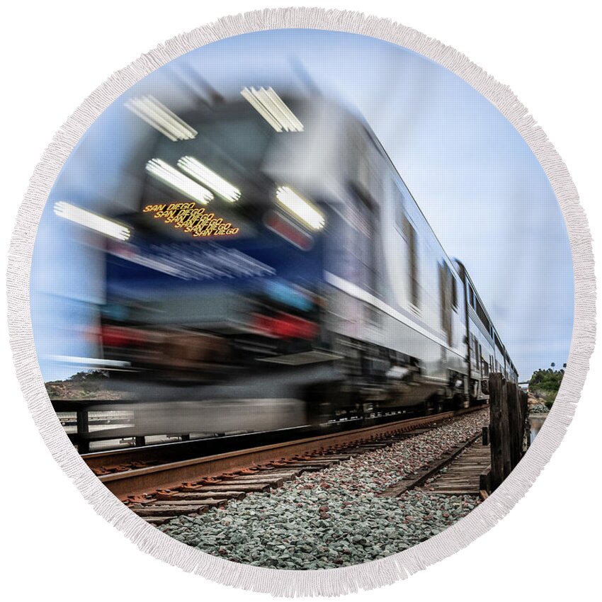 Amtrak Round Beach Towel featuring the photograph The Amtrak Pacific Surfliner is On Time by David Levin