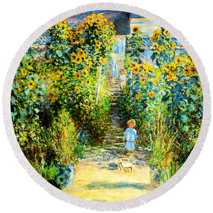 Claude Monet Round Beach Towel featuring the painting The Artists Garden at Vetheuil 1880 by Claude Monet