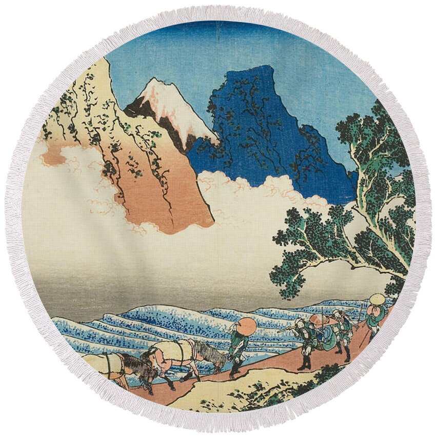 19th Century Art Round Beach Towel featuring the relief The Back of Mount Fuji Seen from Minobu River by Katsushika Hokusai