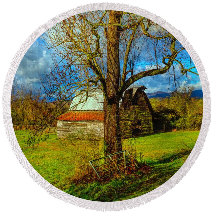 Andrews Round Beach Towel featuring the photograph The Barn Farm Gate by Debra and Dave Vanderlaan