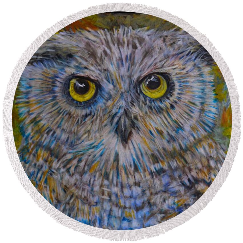 Colored Pencil Round Beach Towel featuring the drawing The Barred Owl Baby by Marysue Ryan