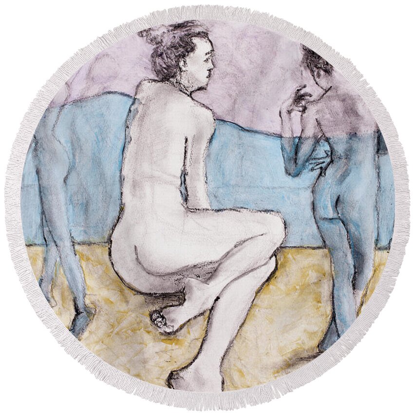 Life Drawing Round Beach Towel featuring the mixed media The Bathers by PJ Kirk