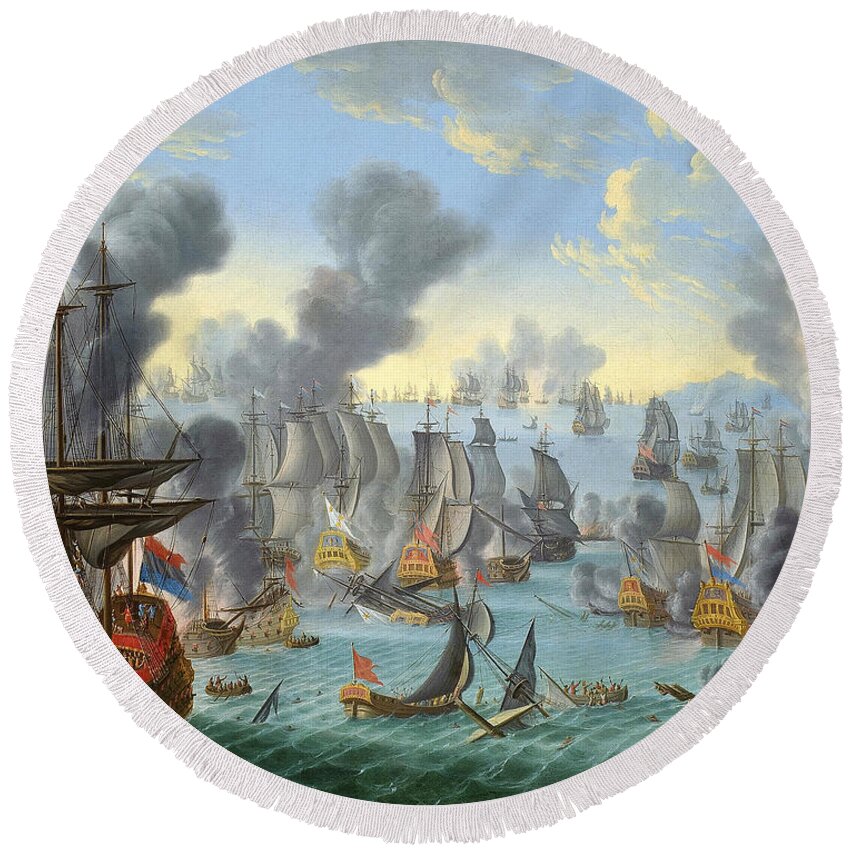 Attributed To Willem Van Der Hagen Round Beach Towel featuring the painting The Battle of Malaga by Attributed to Willem Van der Hagen