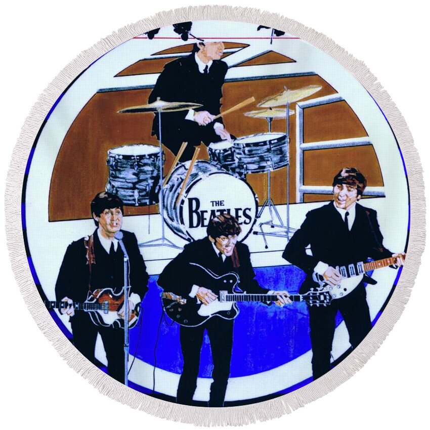 The Beatles Live Round Beach Towel featuring the drawing The Beatles - Live On The Ed Sullivan Show by Sean Connolly