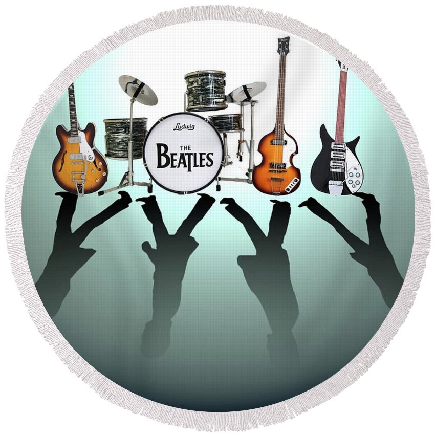 The Beatles Round Beach Towel featuring the digital art The Beatles by Yelena Day